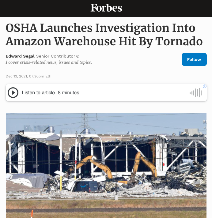 Forbes - Michael Zweiback on OSHA's Launch of Criminal Investigation Into Amazon Warehouse Hit By Tornado